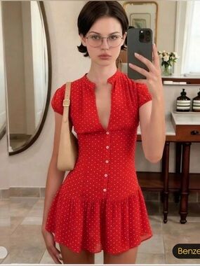 🛍️NWT ZARA Red Polka Dot Mini Dress with Button Front